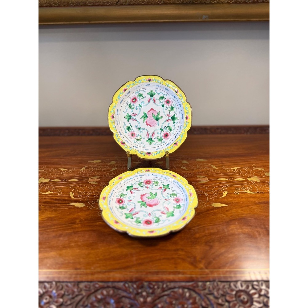 Pair‎ Vintage Chinese Canton Enamel Copper Plates Peach Floral 6"
